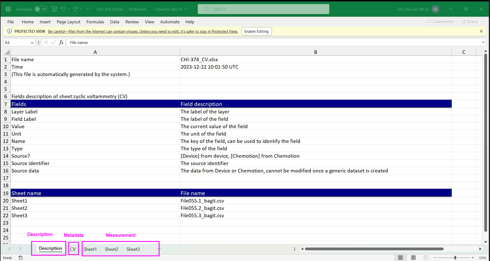 Metadata in xlsx format